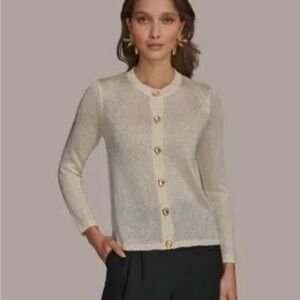 NWT Donna Karan Women’s Elegant Cream Button-Up Metallic Sweater